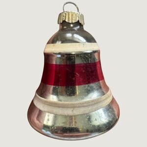 Vintage Shiny Brite Silver Glass 2" Bell Christmas Ornament Red Stripe USA